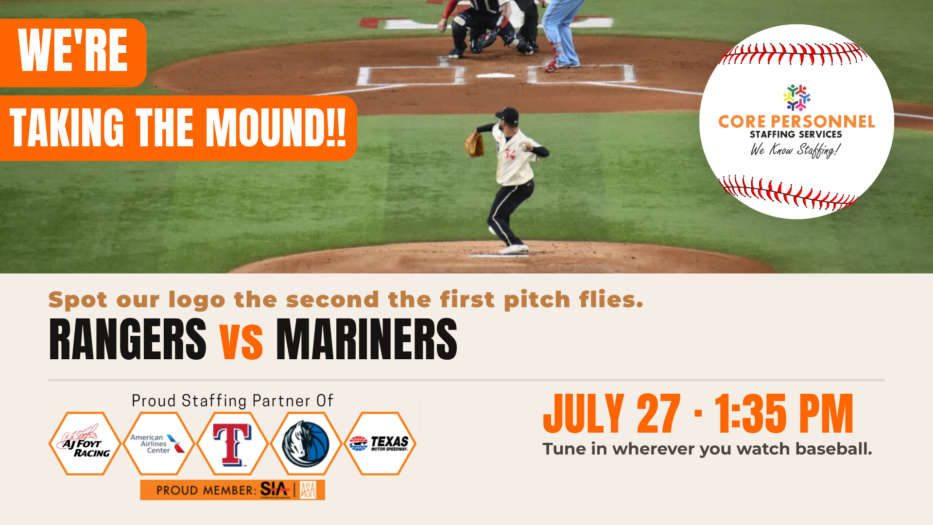 Rangers vs Mariners promo poster with baseball game details and July 27, 1:35 PM start time