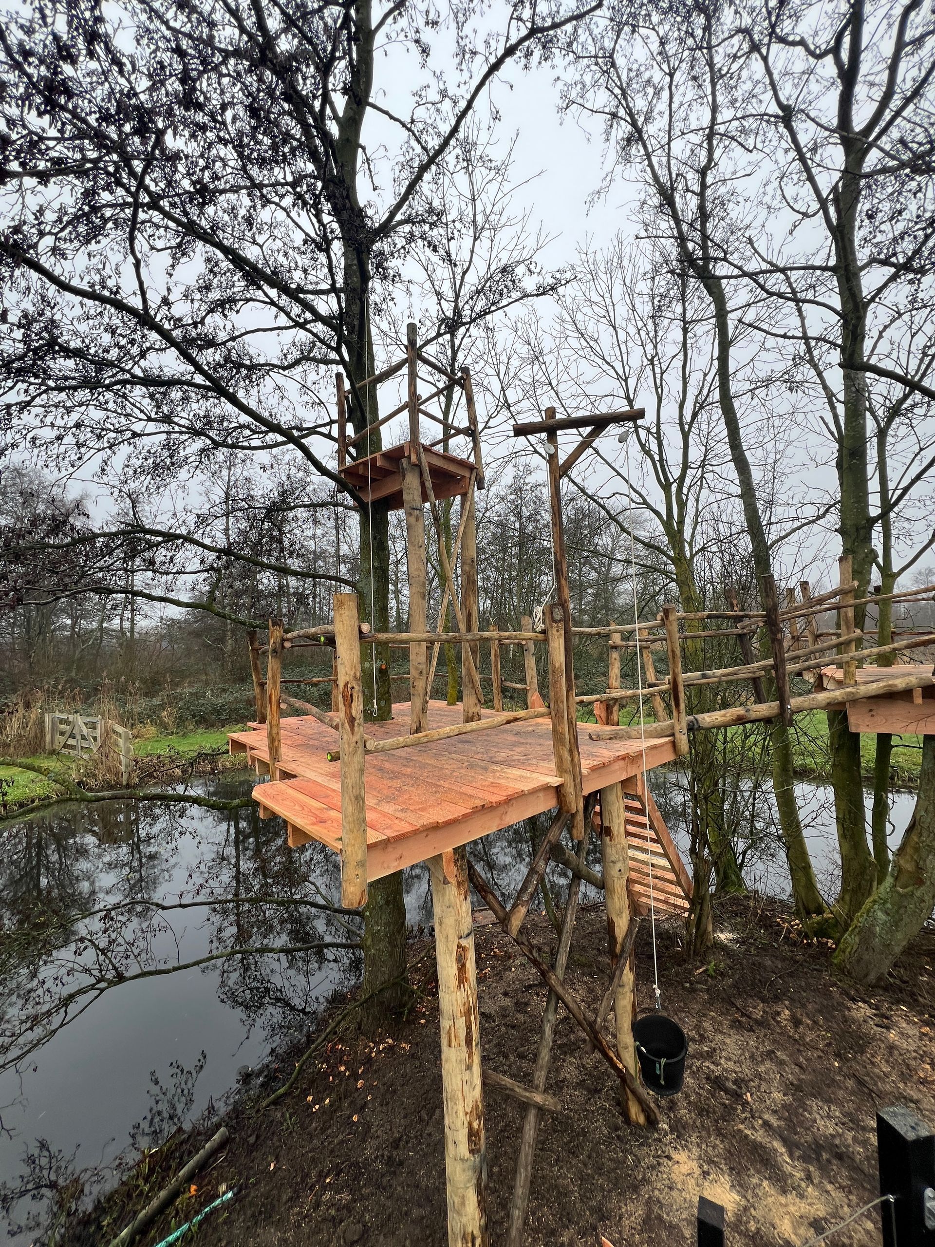 Houten boomhutten, gebouwd in en rondom bomen, met uitzicht op een waterpartij.