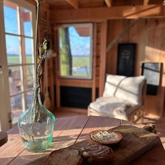 Interieur van een houten blokhut met een tafel, vaas, eten en een stoel bij een raam met uitzicht op het landschap.