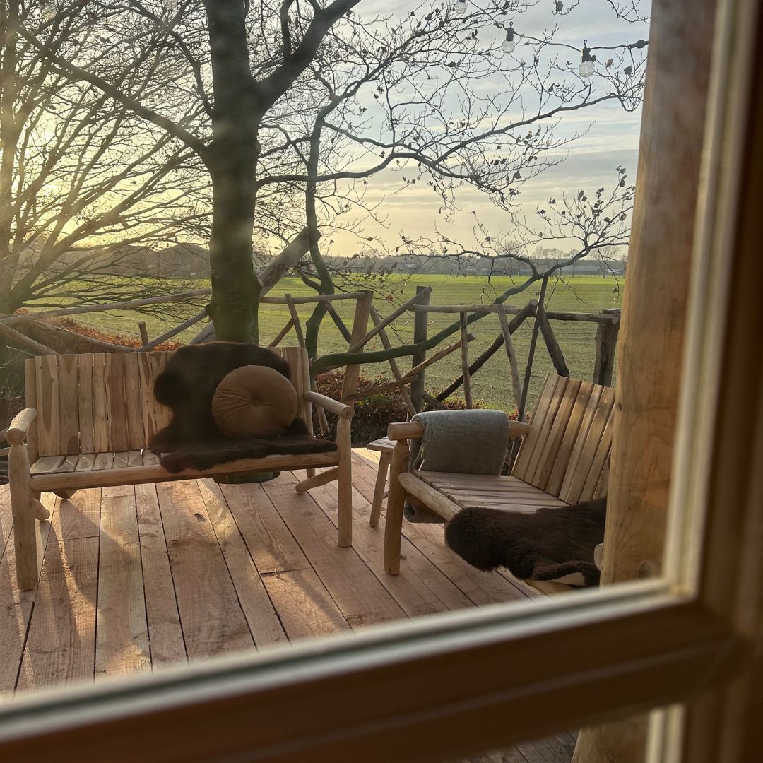 Houten terras met banken, uitzicht op veld en bomen door het raam.