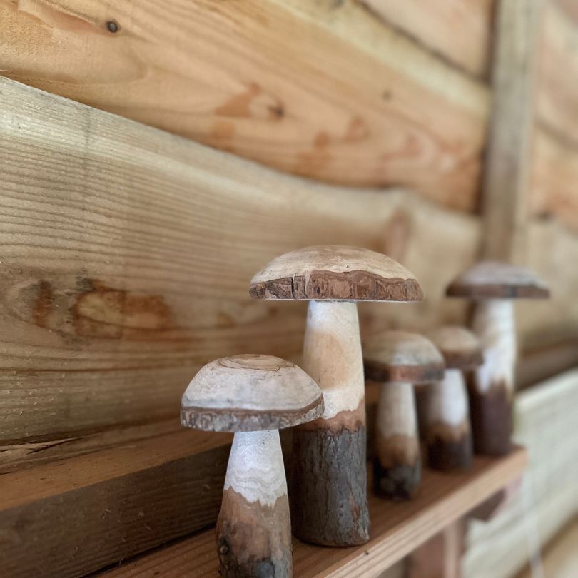 Houten paddenstoelsculpturen op een plank, tegen een houten muur.