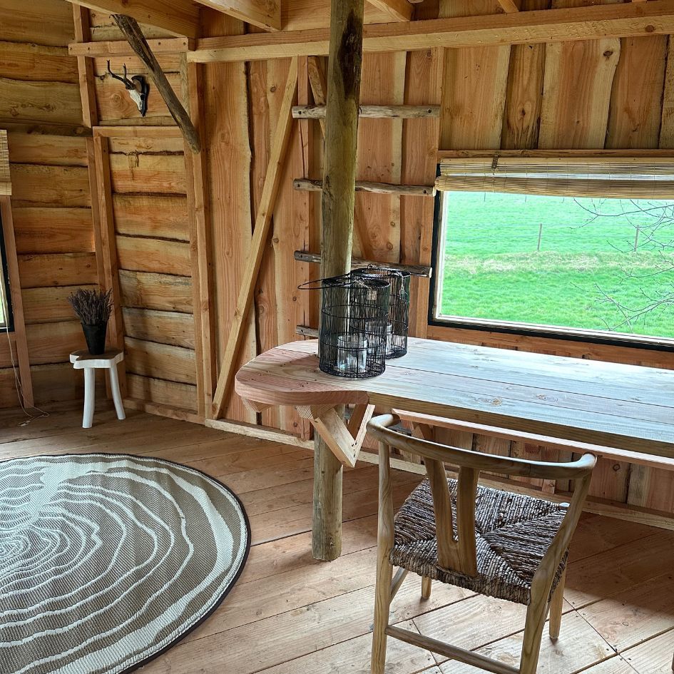 Interieur van een houten blokhut met een rond vloerkleed, tafel, stoel en een raam met uitzicht op een groen veld.