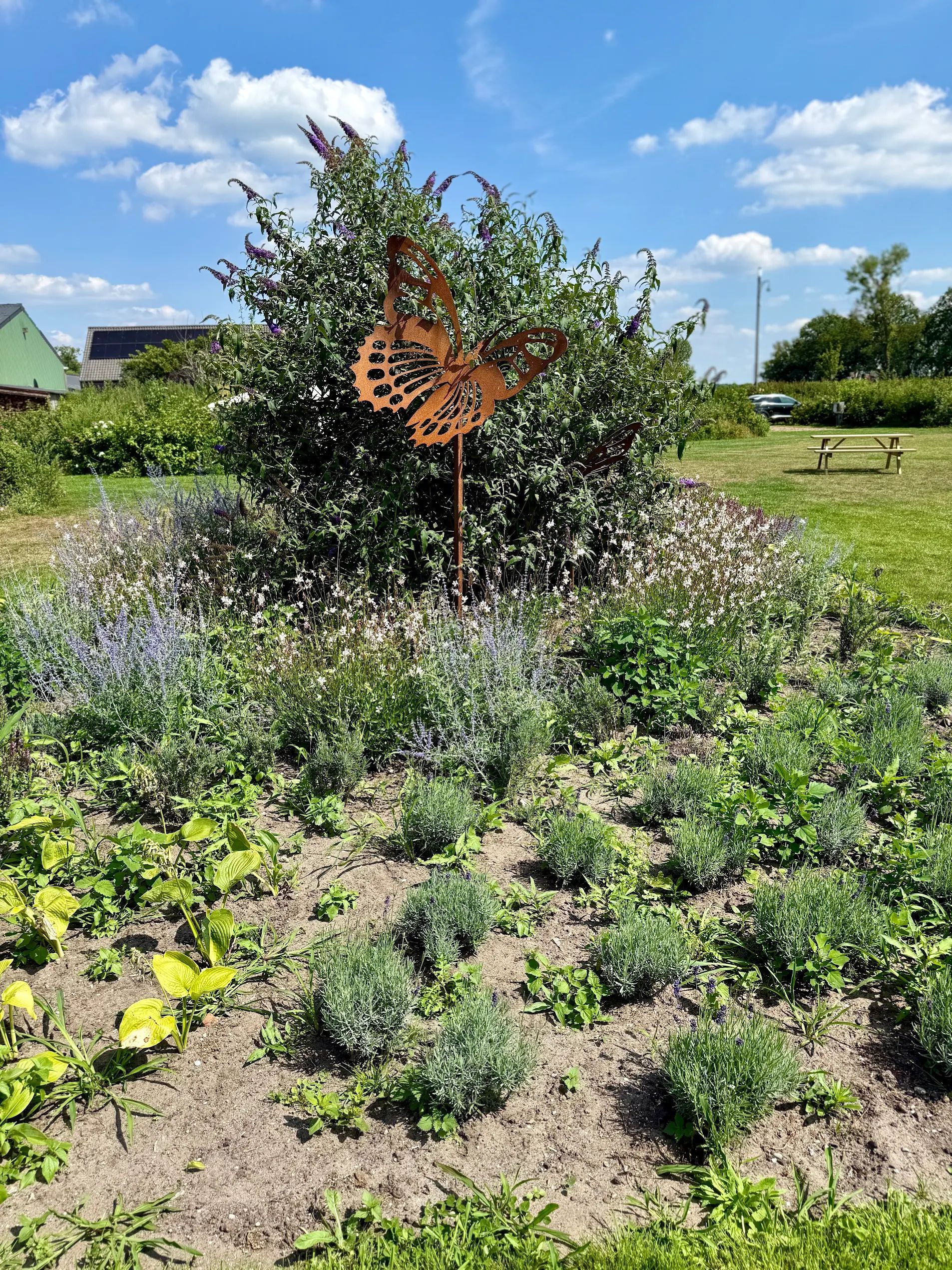 Metalen kunstwerk van een vlinder in een bloemperk met struiken en groen blad, onder een blauwe lucht.