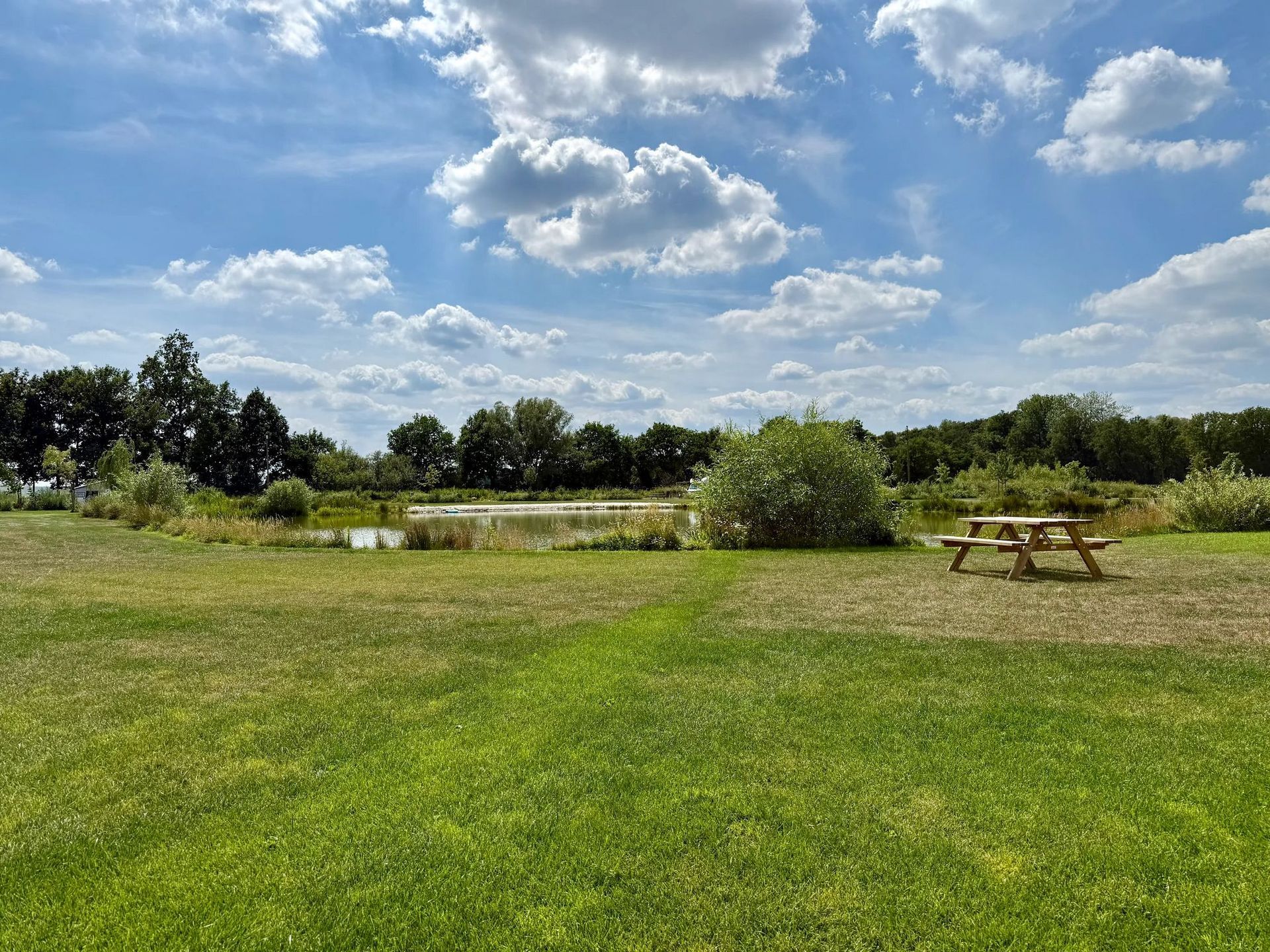 Grasveld met picknicktafel, uitzicht op een vijver en bomen onder een blauwe lucht met wolken.