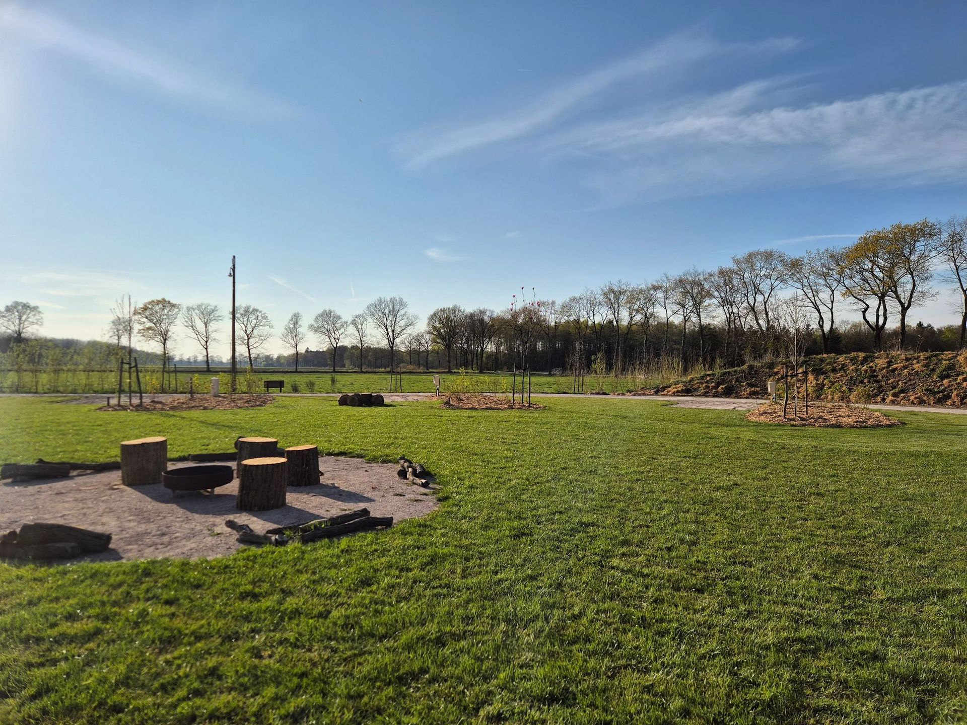Grasveld met een vuurplaats, bomen en blauwe lucht.