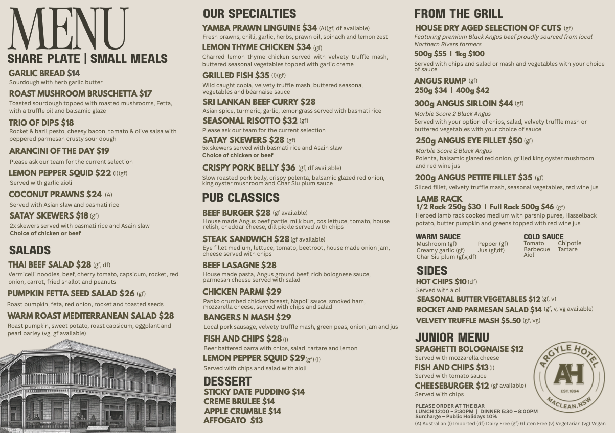 A menu for a The Argyle Hotel Maclean Restaurant 1894 with a lot of food on it