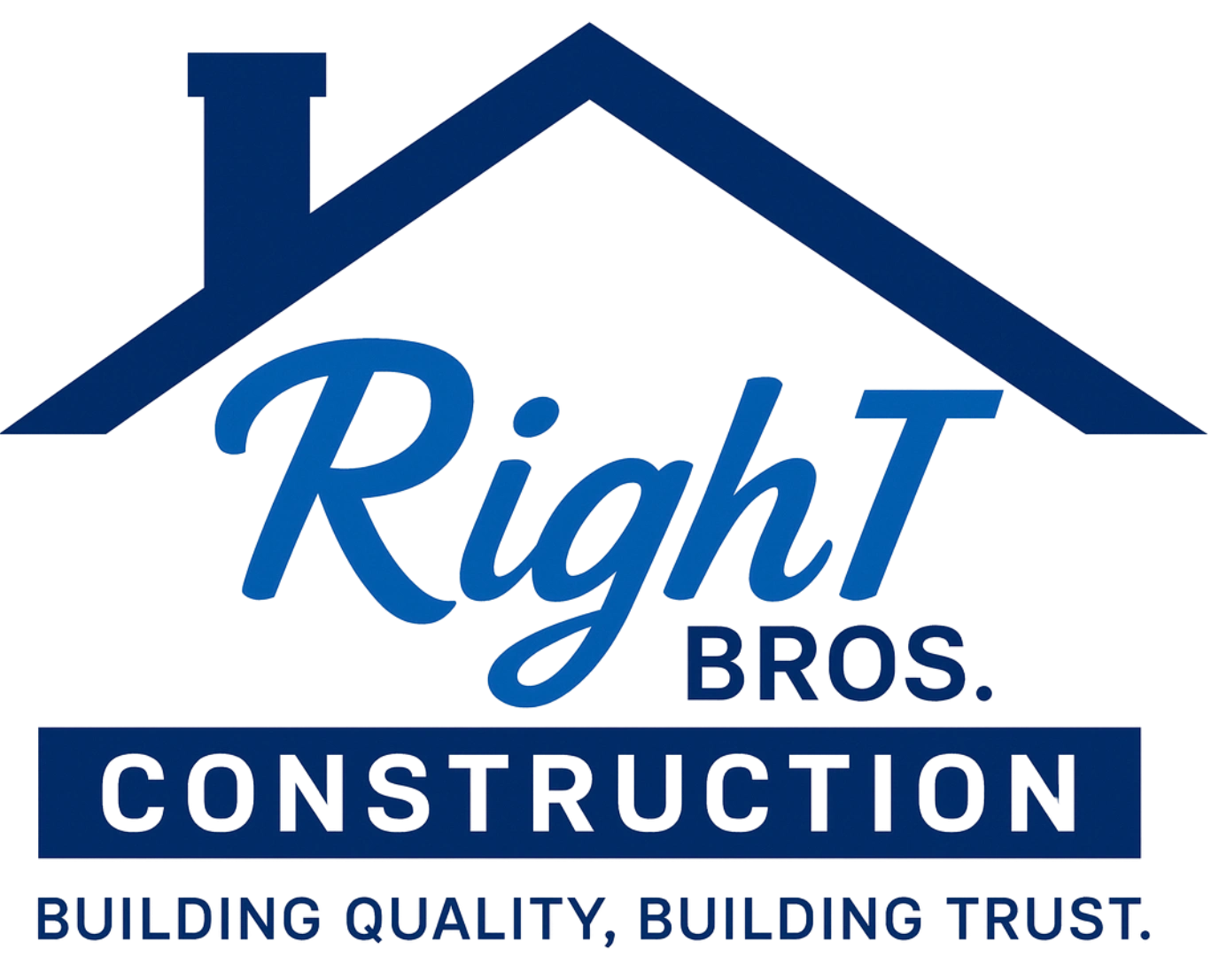 Logo for Right Bros. Construction with a blue house roof icon over the company name and tagline on a white background.