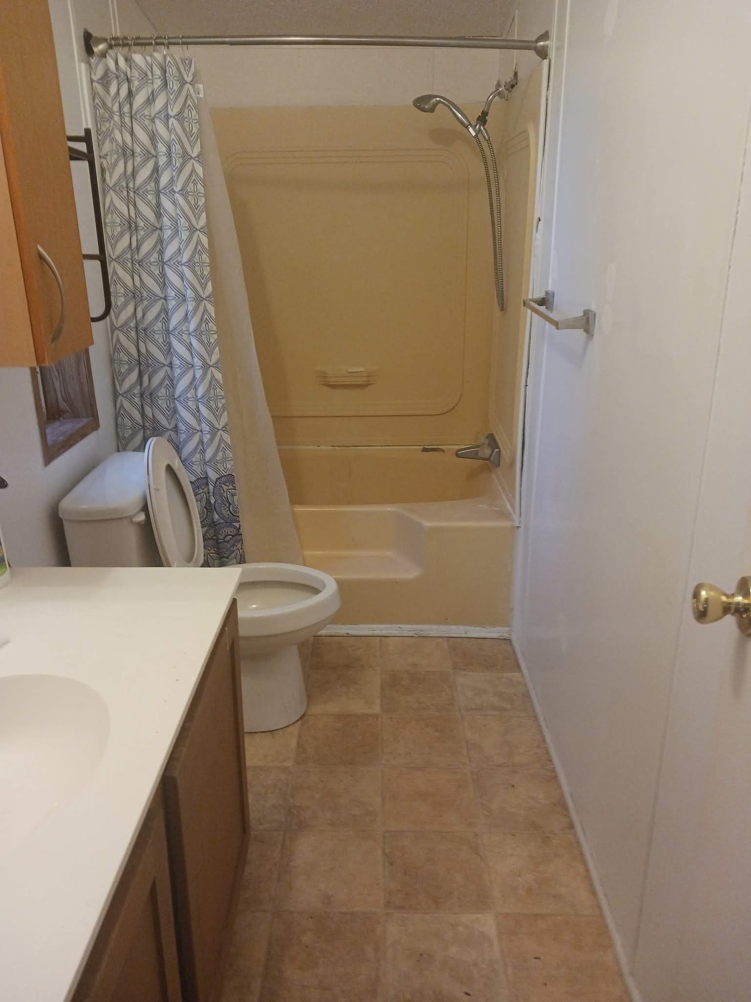 Bathroom with a tan tub/shower combo, toilet, and vanity with a light-colored countertop.