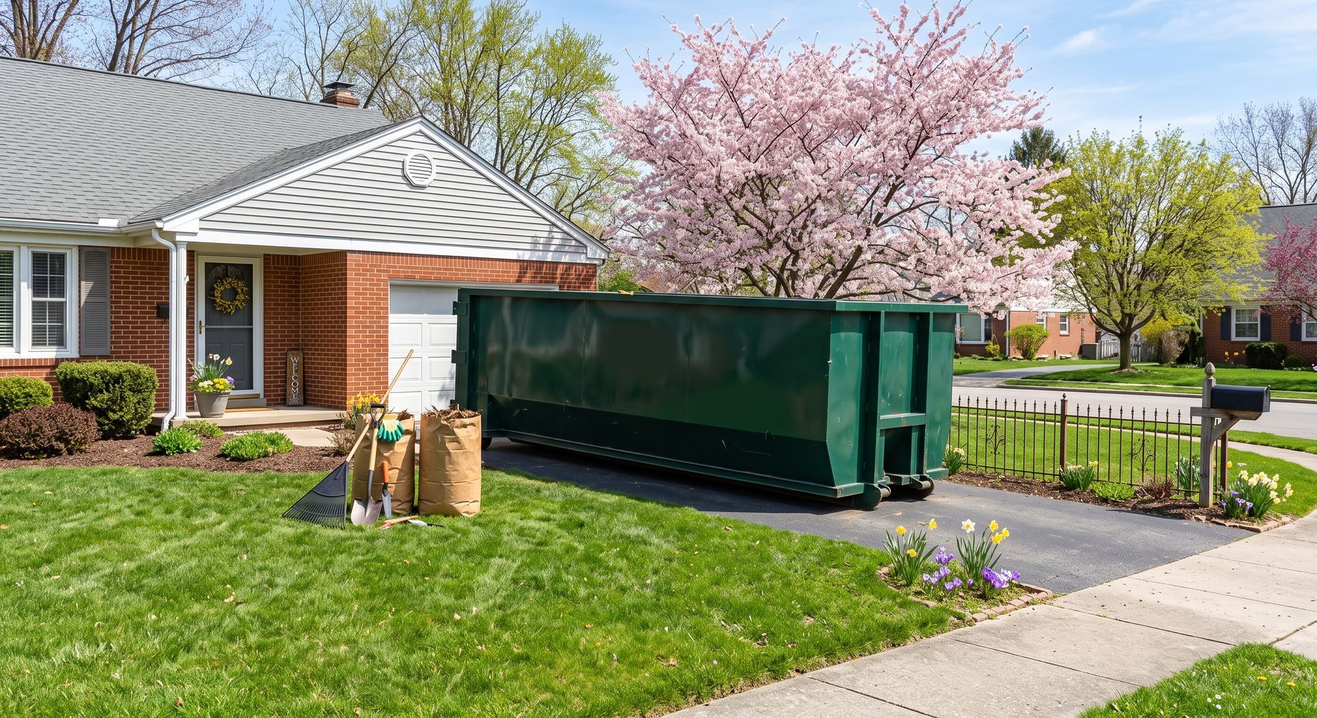 Green dumpster beside a brick house in a suburban yard with spring trees and a sidewalk