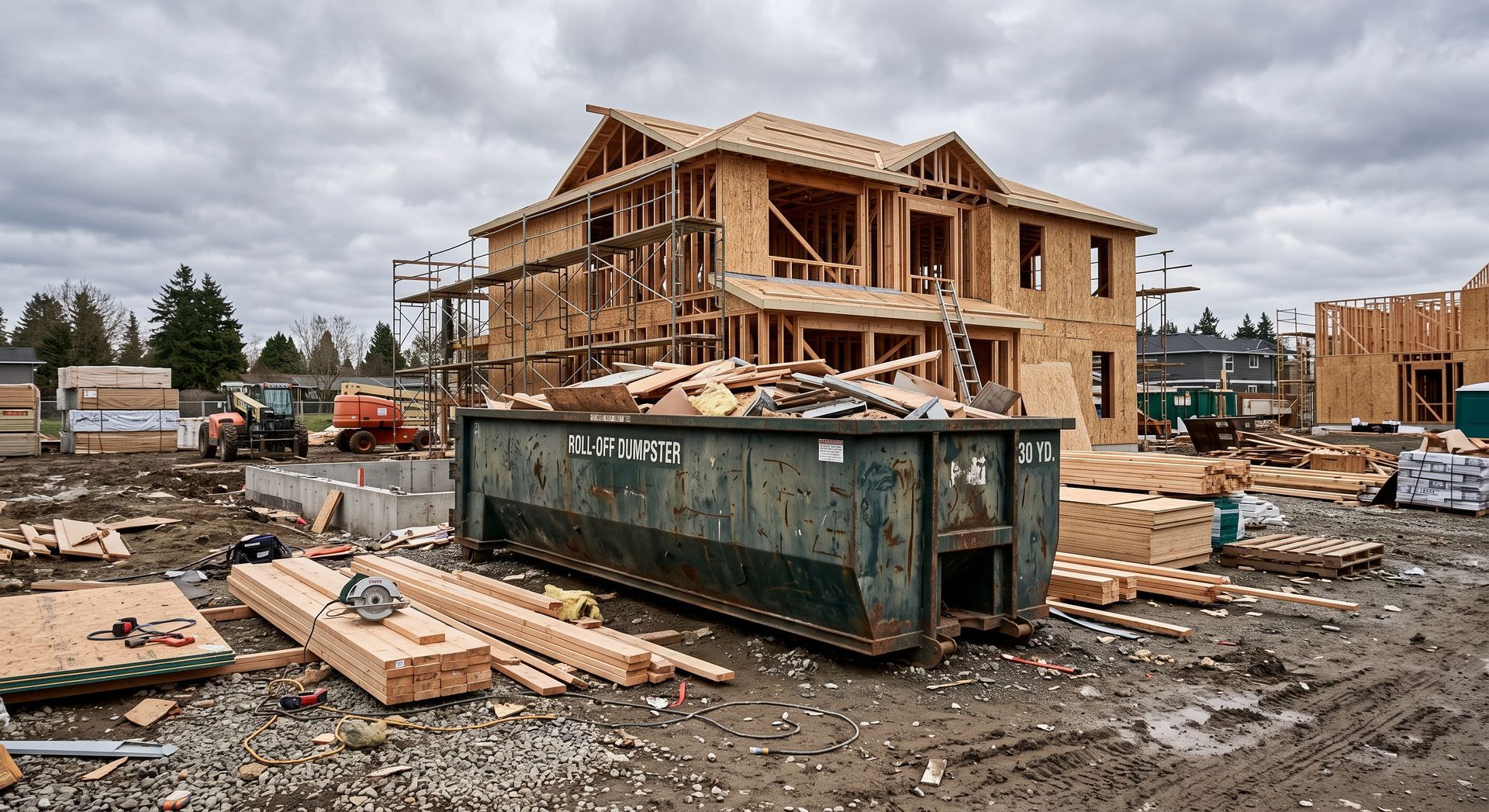 Construction site with a wooden house frame and a green dumpster amid scattered debris under a cloudy sky