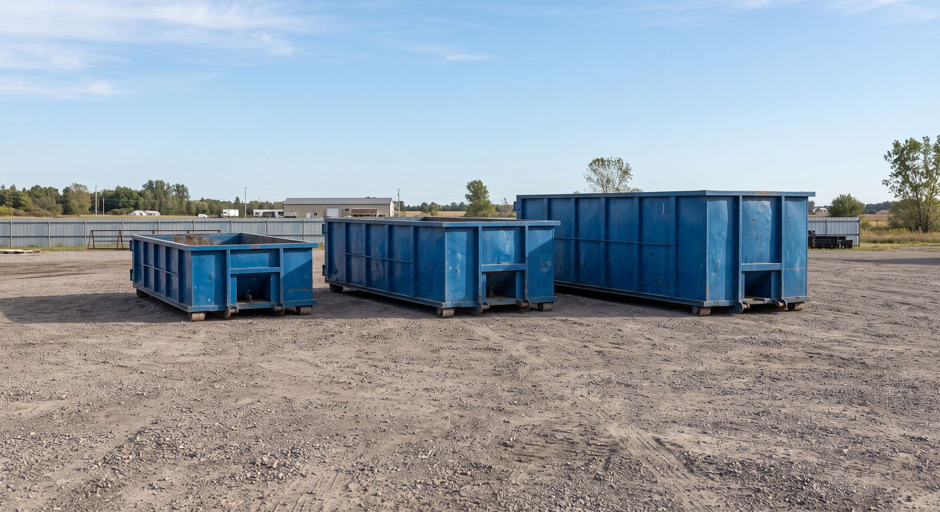 Blue dumpsters lined up on a gravel lot under a clear sky
