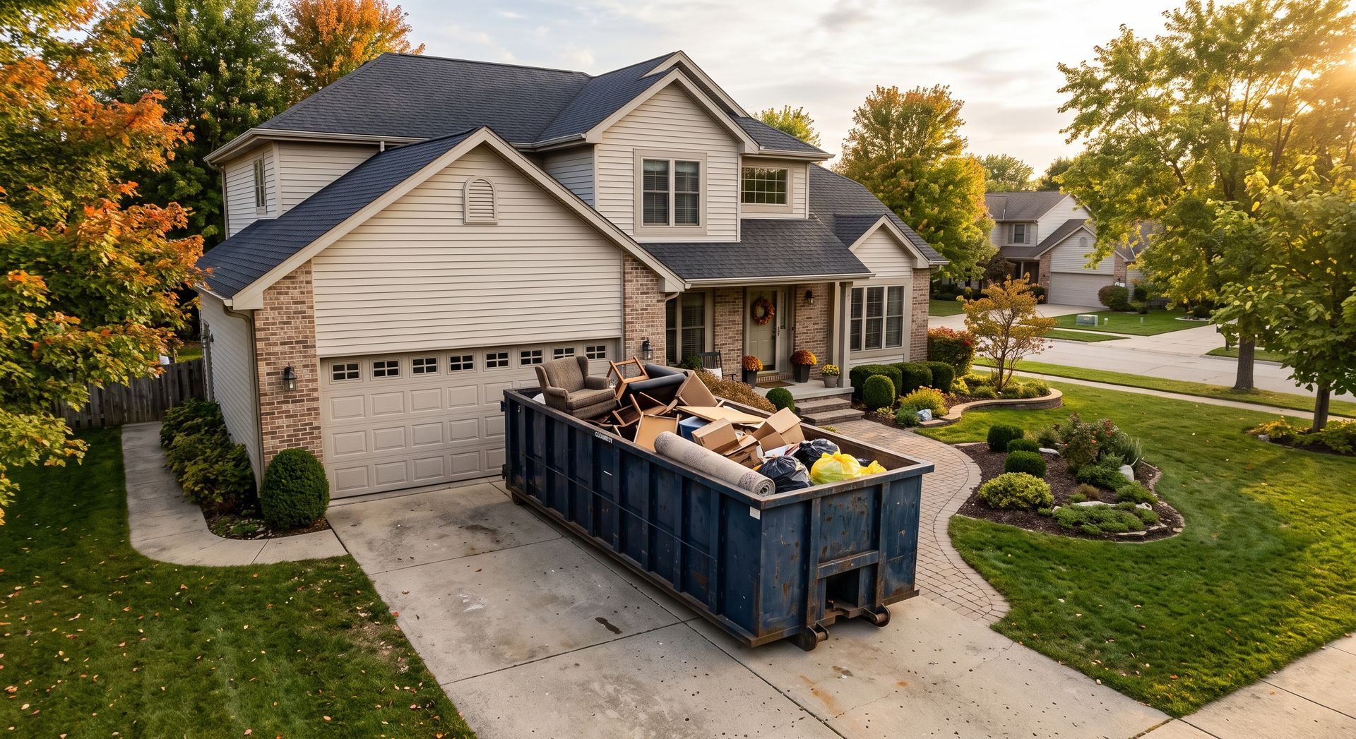 House driveway with a large blue dumpster filled with debris, surrounded by a suburban lawn and autumn trees