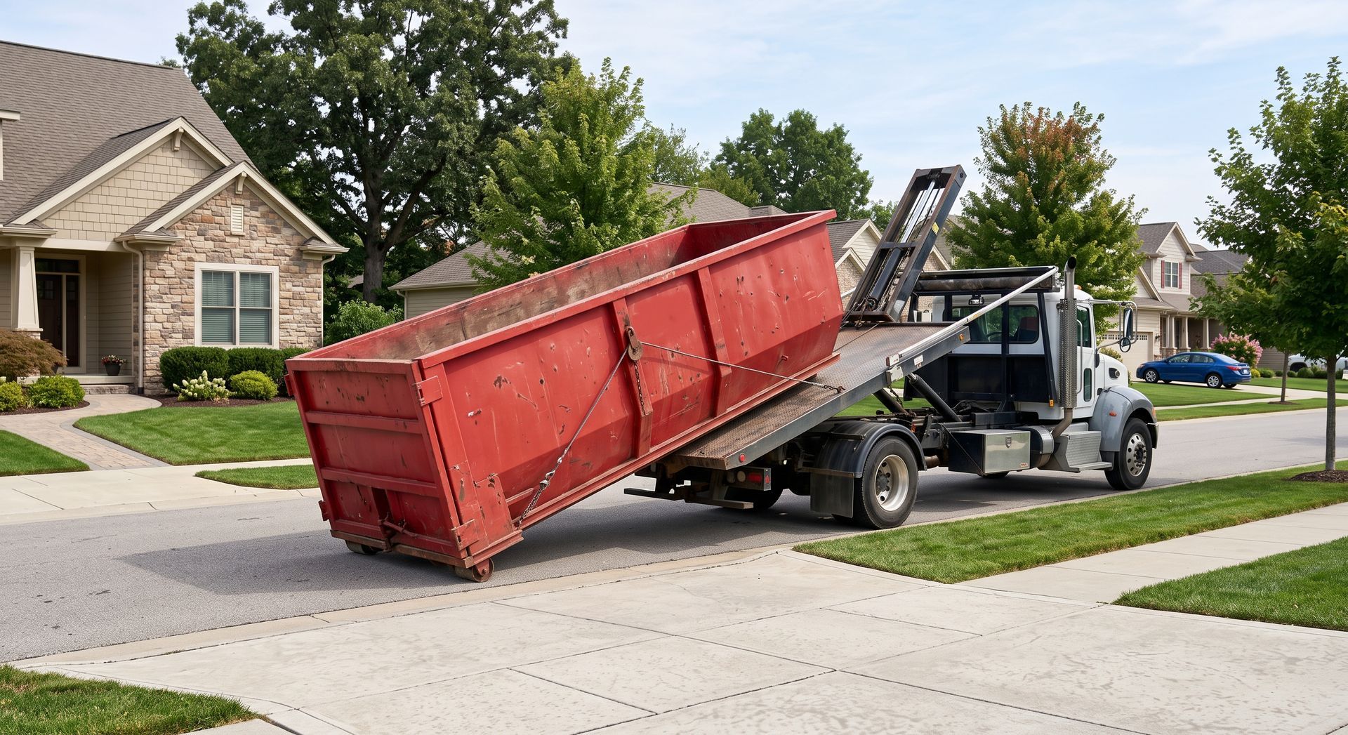 Tow truck tipping a large red dumpster into a driveway on a suburban street