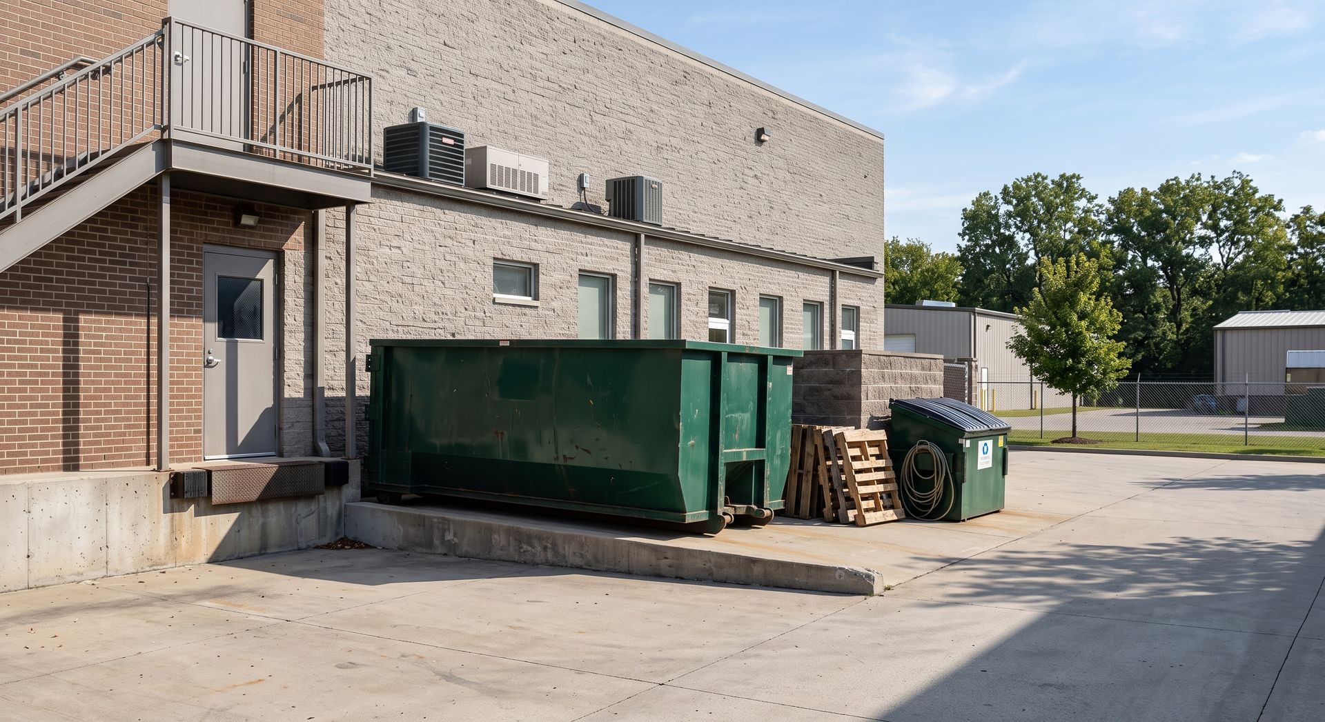 Green dumpsters beside a brick building in an empty parking area
