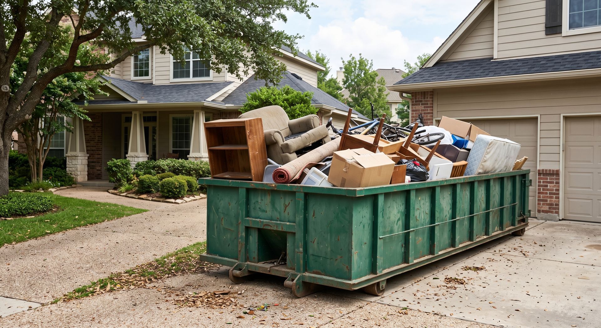 Large green dumpster filled with debris and furniture on a suburban driveway near a garage