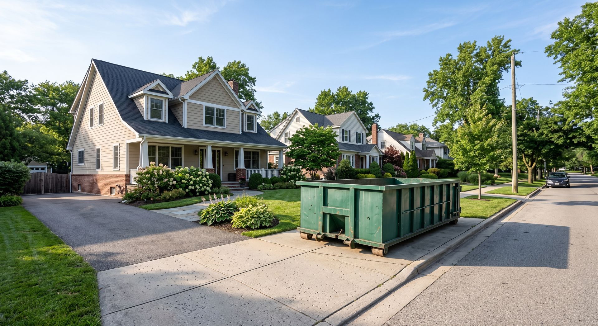 Suburban houses on a sunny street with a large green dumpster in the foreground