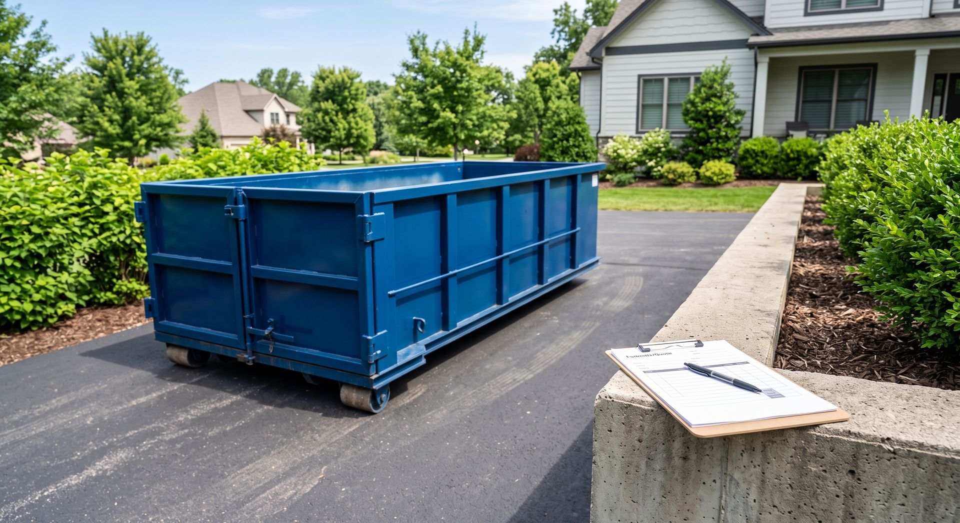 Blue dumpster on a residential driveway beside a concrete wall and green shrubs