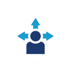 Blue person icon with arrows pointing in four directions.