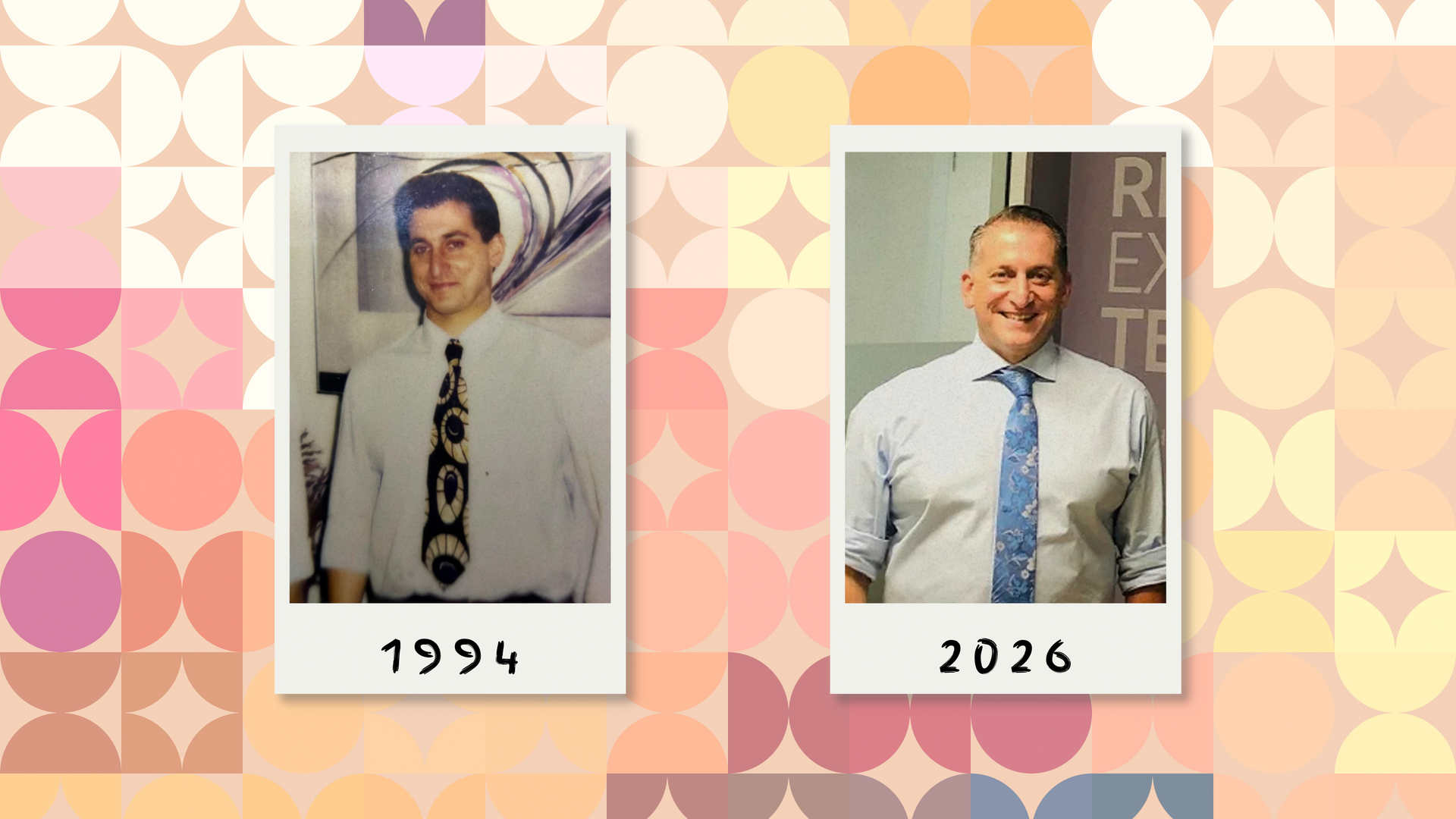 Two side-by-side portrait photos of  labeled 1994 and 2026 on a pink patterned background.