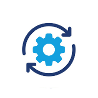 Blue gear in a circle with arrows, representing a process or update.