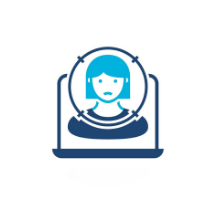 Blue and white icon: Person inside a target reticle on a laptop screen.