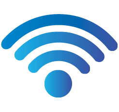 Blue Wi-Fi signal icon, with radiating arcs and a central circle, indicating wireless connectivity.