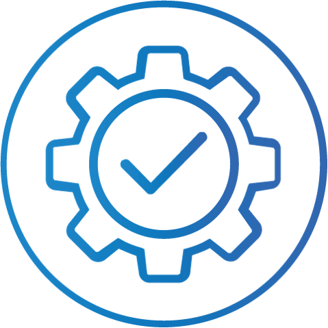 Blue gear icon with a checkmark inside, set in a circle.