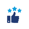 Blue thumbs up with three blue stars, representing positive feedback.