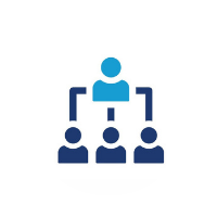 Organizational chart icon: One light-blue figure on top connected to three dark-blue figures below.