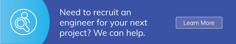 Advertisement: Recruiting engineers for projects. Blue background with a magnifying glass icon and