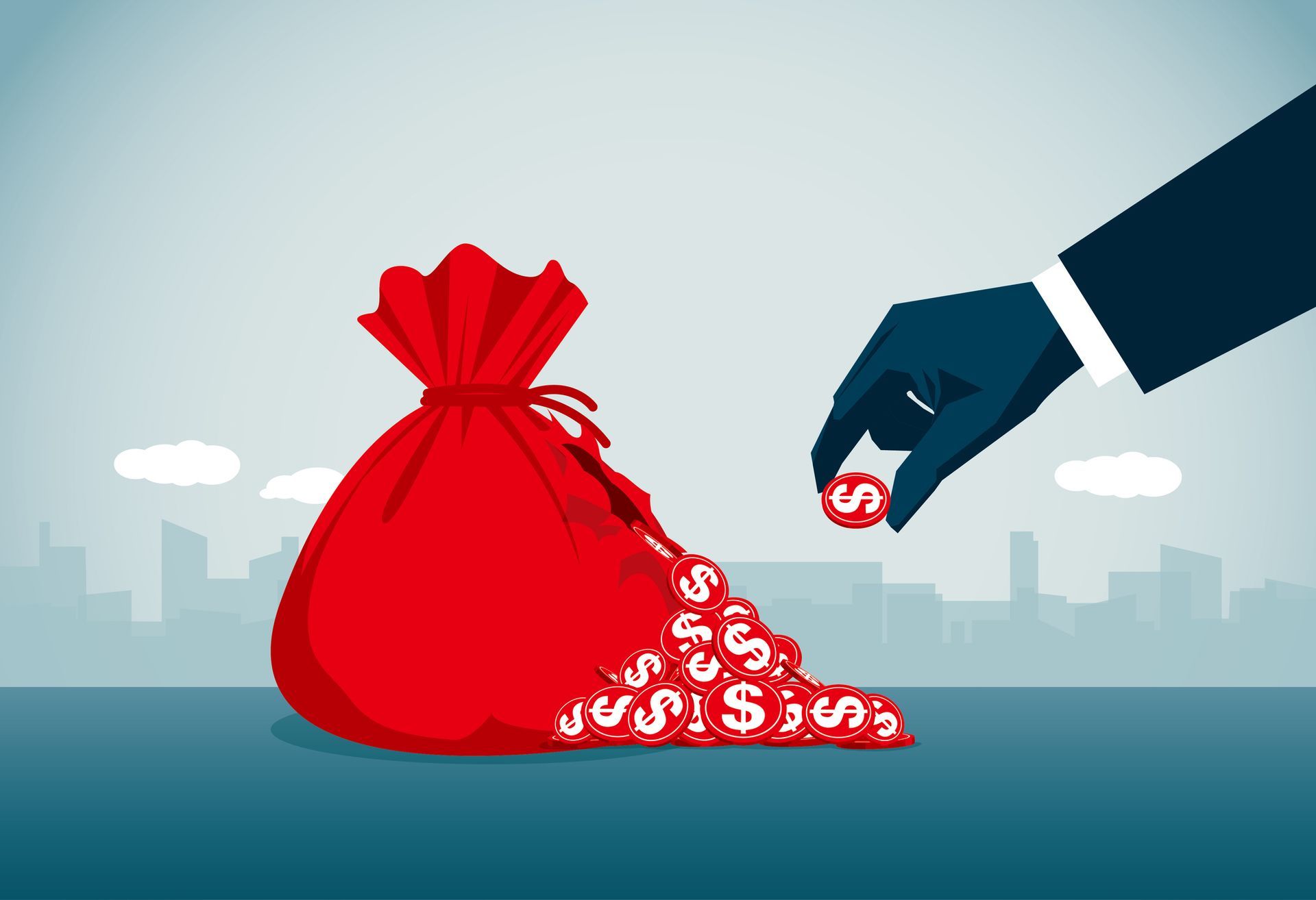 Graphic of a dark hand lifting a coin from a red money bag.