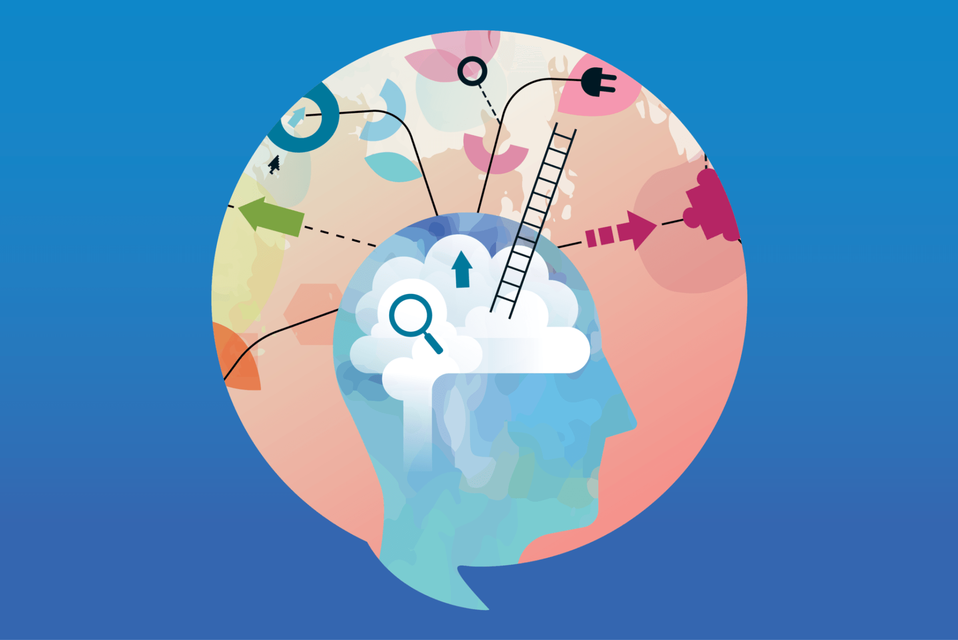 Silhouette of a head with a brain depicted as a cloud, connected to various ideas and tools by lines.