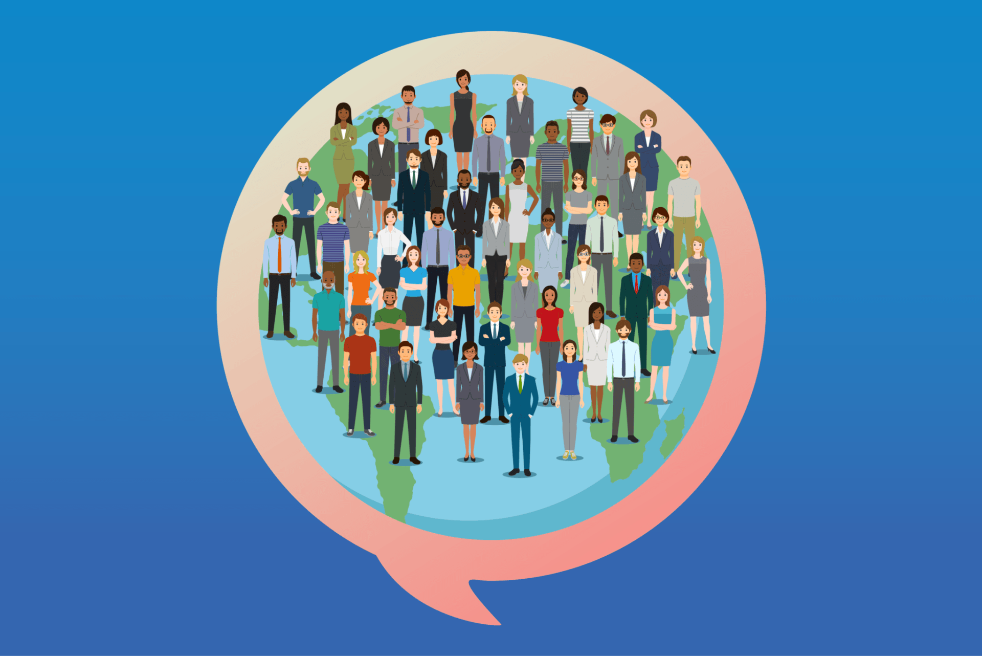 Diverse group of people standing on a globe, inside a speech bubble, on a blue background.