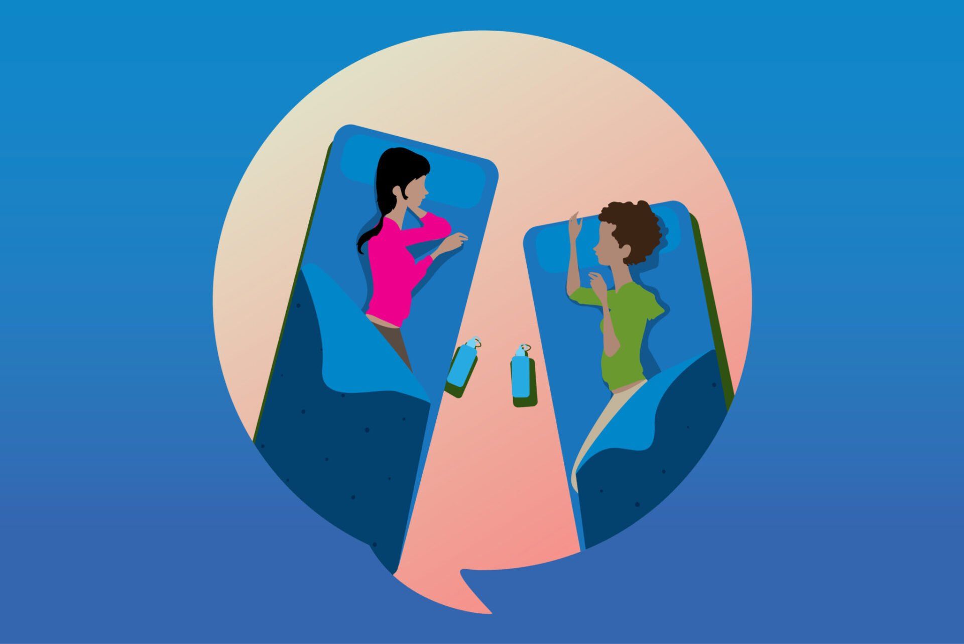 Two people in beds, on phones. Pink and green shirts, blue blankets, in a speech bubble.