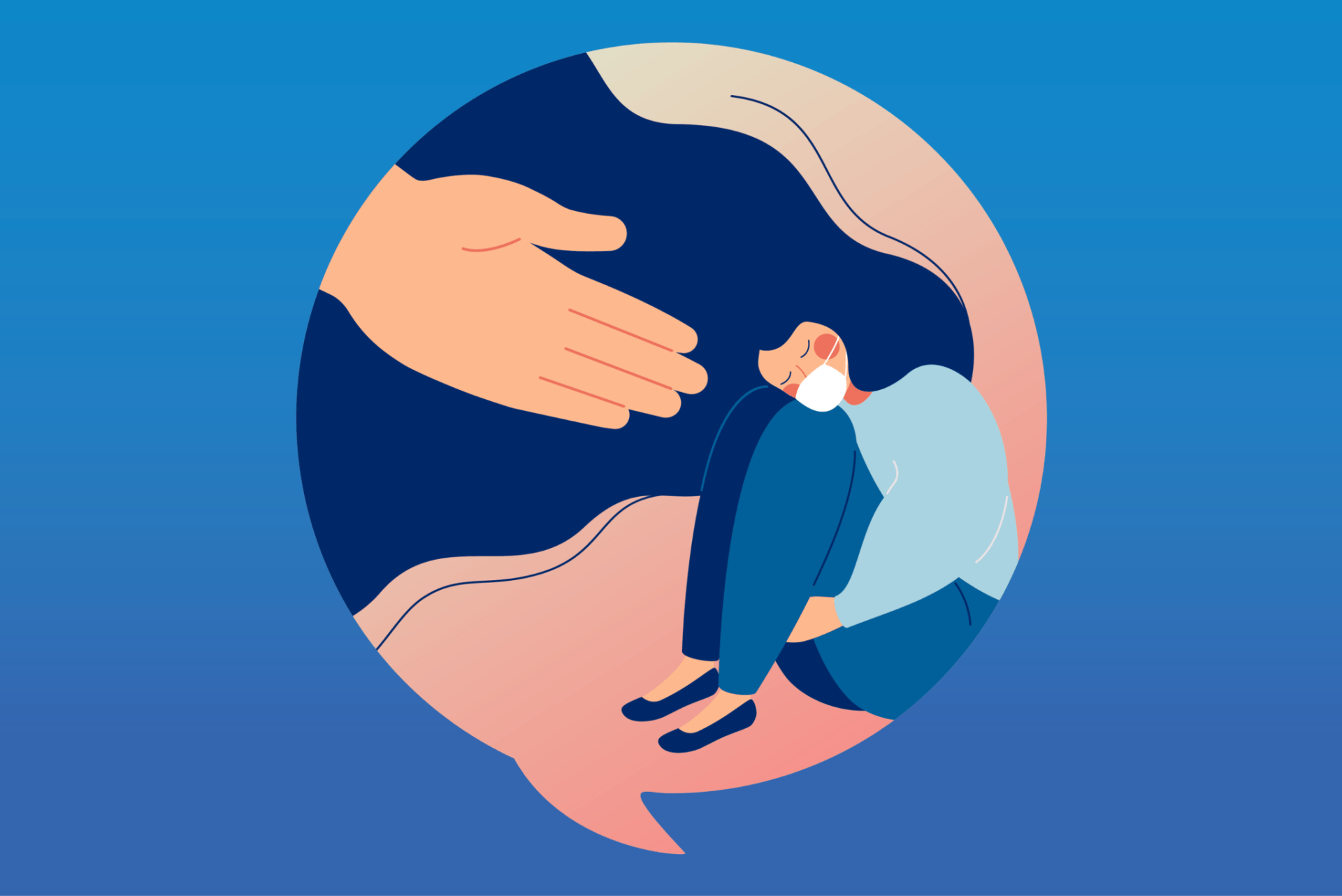 A person wearing a mask sits hunched over with a comforting hand reaching out.