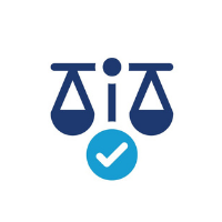 Scales of justice icon with blue checkmark, symbolizing legal approval.