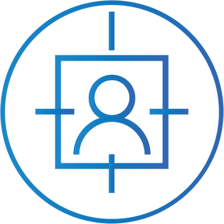 Person icon inside a square target, within a blue circle.