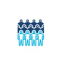Blue and light blue stylized depiction of a crowd of people.