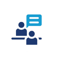 Two silhouetted figures with a speech bubble, symbolizing a conversation or discussion in blue.