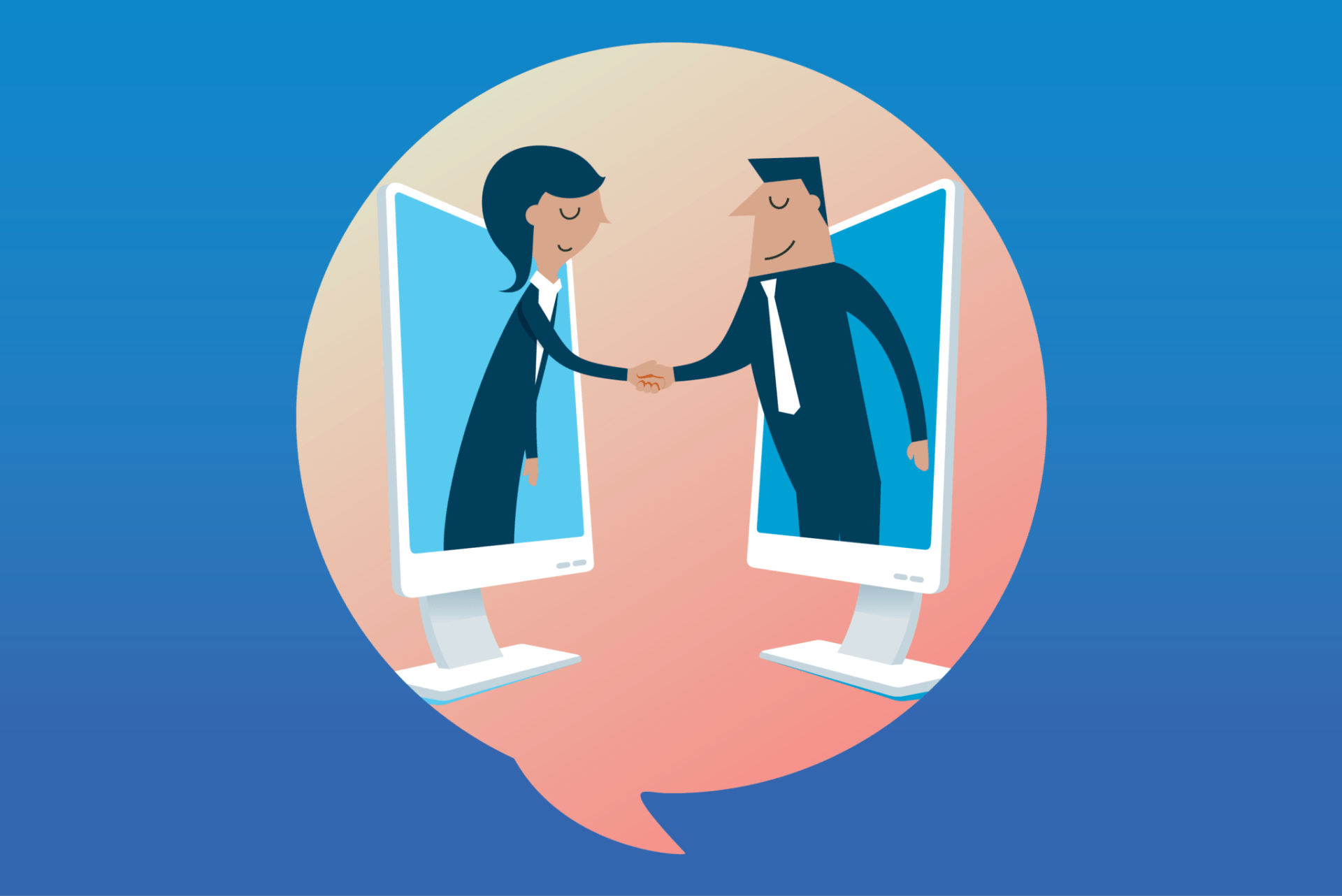 Two people in screenshapes shaking hands, inside a speech bubble.