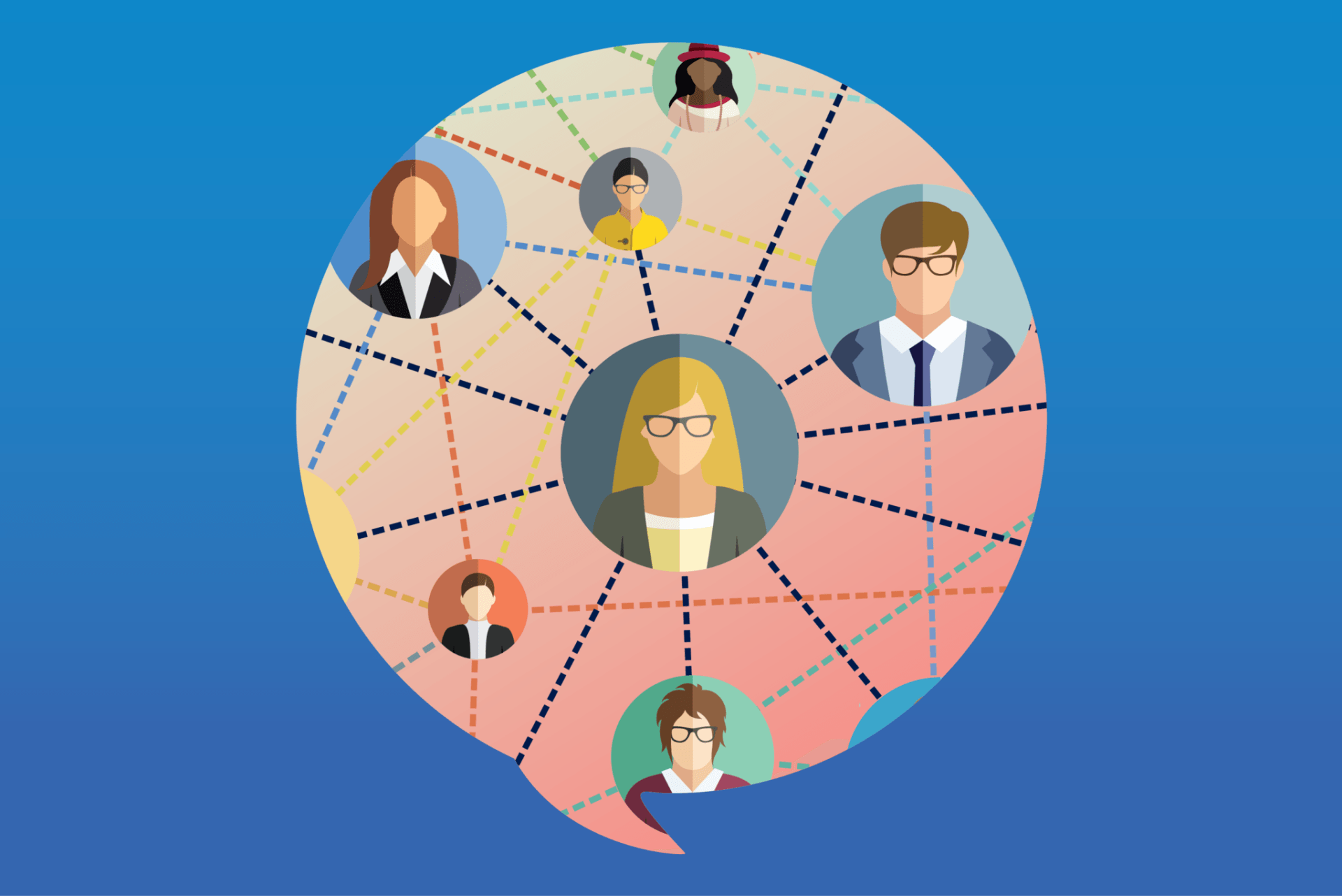 Network of connected people inside a speech bubble, symbolizing communication and relationships.