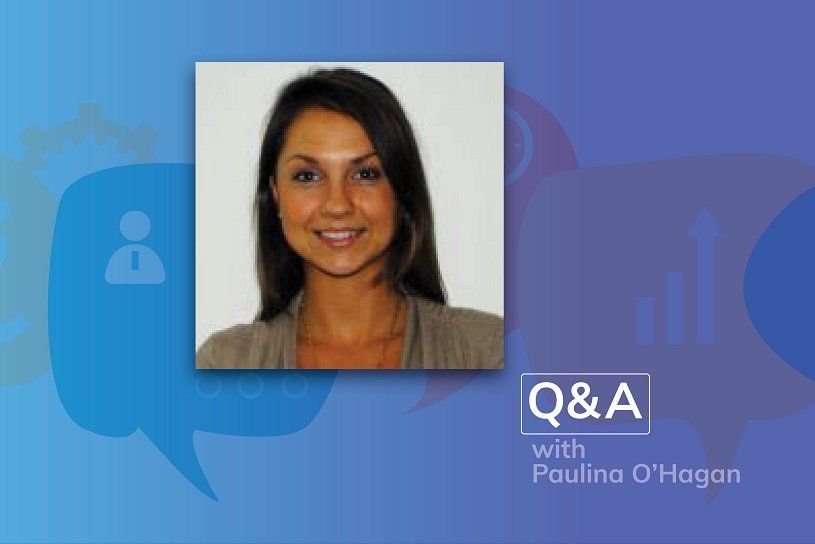 Q&A with Paulina O'Hagan. Woman in a square portrait, smiling. Blue background with speech bubble graphics.