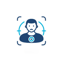 Blue icon of person in target reticle, with sad expression and chest emblem.