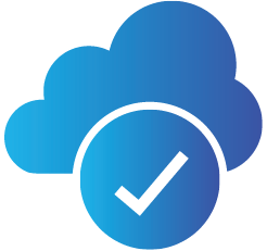 Blue cloud with checkmark inside a circle, indicating cloud storage verification.