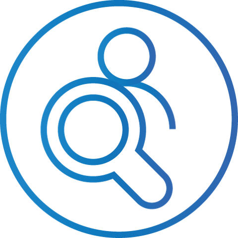 Person with a magnifying glass inside a blue circle.