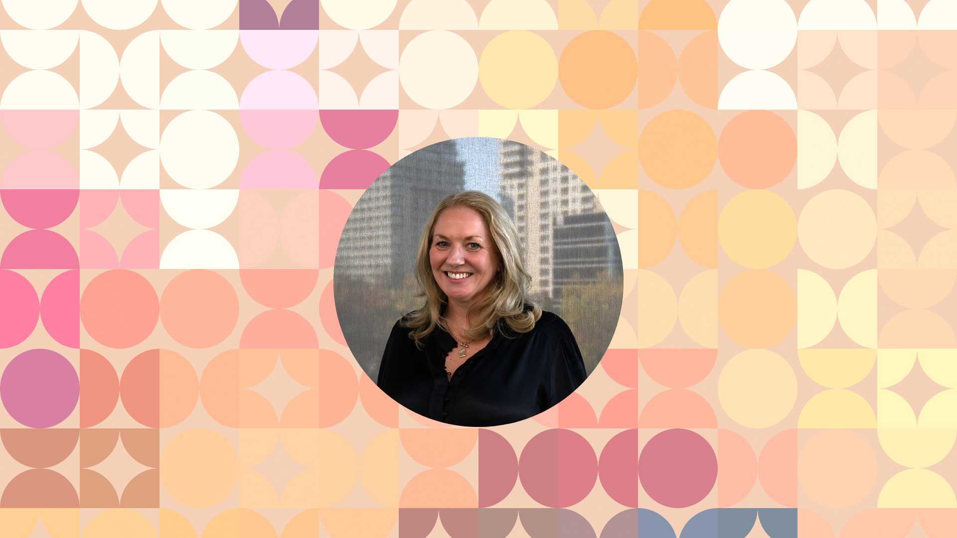 Tracey Wright in a circular portrait over a pastel geometric background