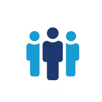 Three stylized people, the central figure is dark blue, flanked by two light blue figures.