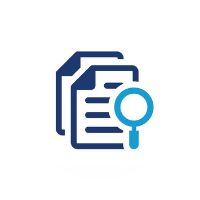 Two document pages with magnifying glass, blue.