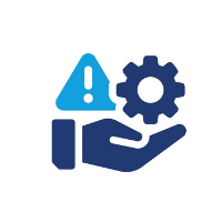 Blue hand holding a blue triangle with an exclamation mark and a blue gear.