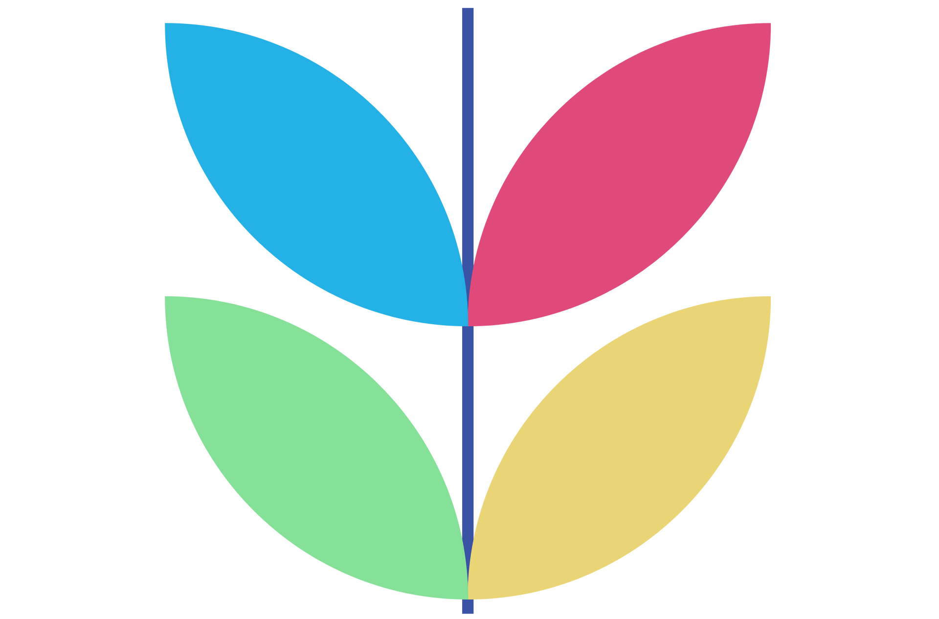 Colorful stylized plant design with blue, pink, green, and yellow petals on a dark blue stem.